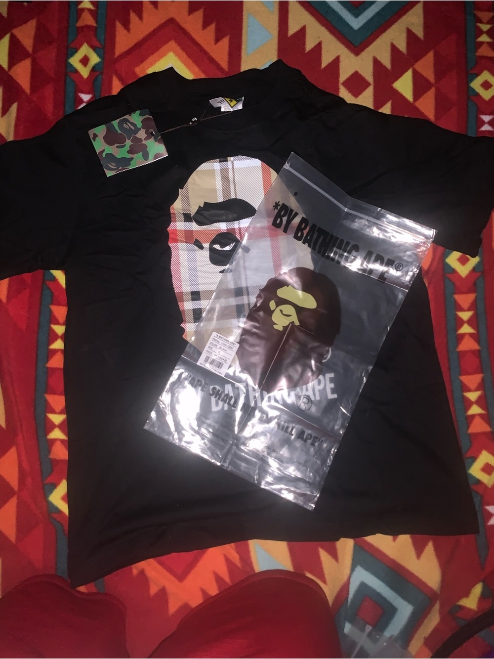 BAPE Kids Black Graphic Logo Tee with Plaid Ape Head